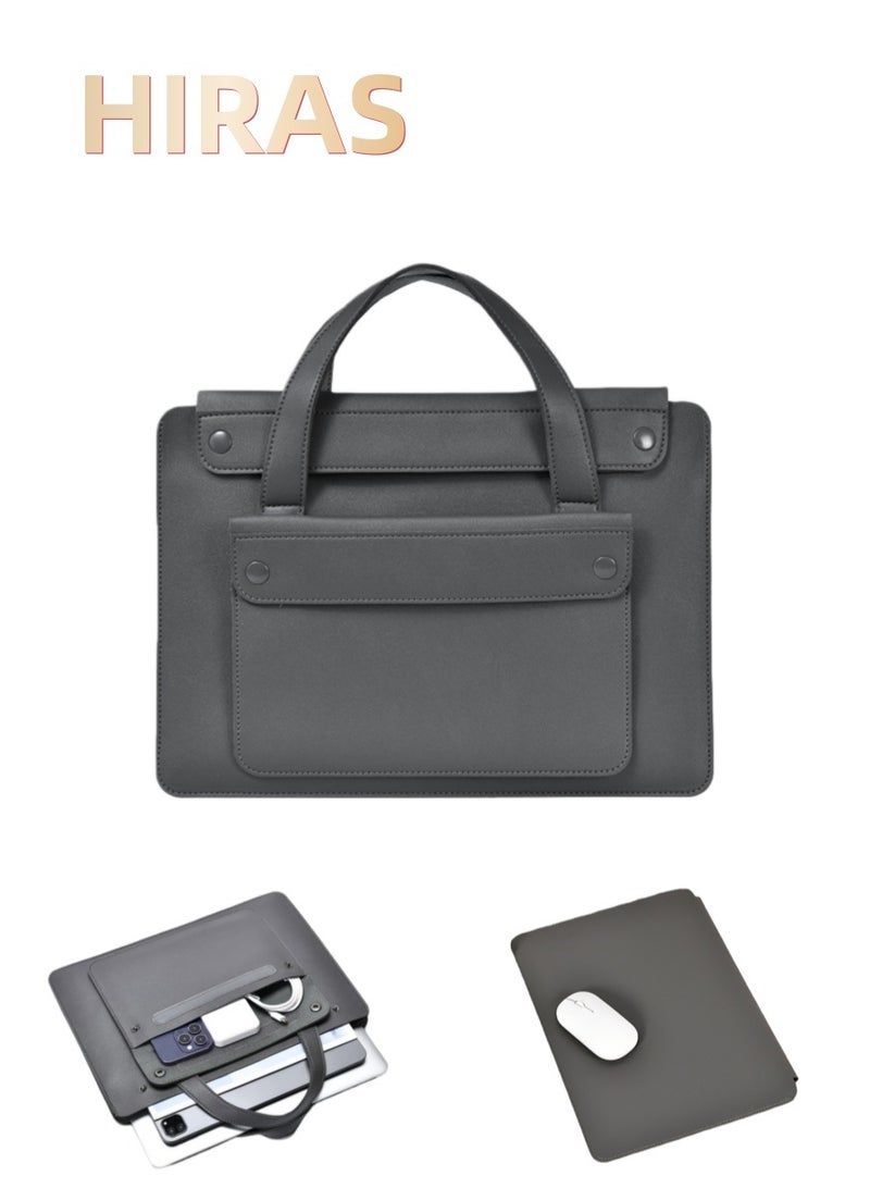 Hiras Grey Expandable Leather Laptop Bag Laptop Sleeve for Men & Women, 15 Inch Waterproof Business Briefcase with Felt-Lined Interior & Mouse Pad Back, Easy-Clean Surface, Multi-Compartment Organizer for MacBook, Tablet, Documents - Image 1