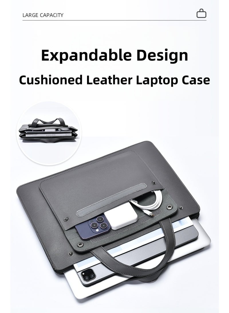 Hiras Grey Expandable Leather Laptop Bag Laptop Sleeve for Men & Women, 15 Inch Waterproof Business Briefcase with Felt-Lined Interior & Mouse Pad Back, Easy-Clean Surface, Multi-Compartment Organizer for MacBook, Tablet, Documents - Image 2