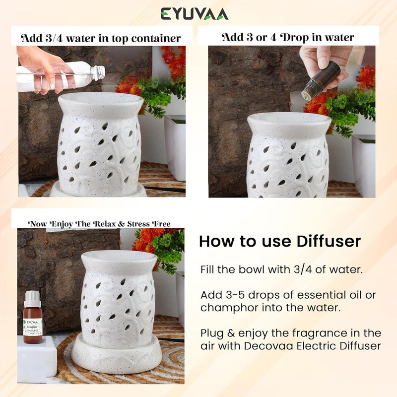 DECOVAA DECOVAA Emboss Patten Ceramic Electric DiffuserAromatherapy DiffuserOil Burner Lamp Diffuser Fragrances Oil Burner for Home with 10 Ml Aroma Oil Rose Fragrance White  - Image 4