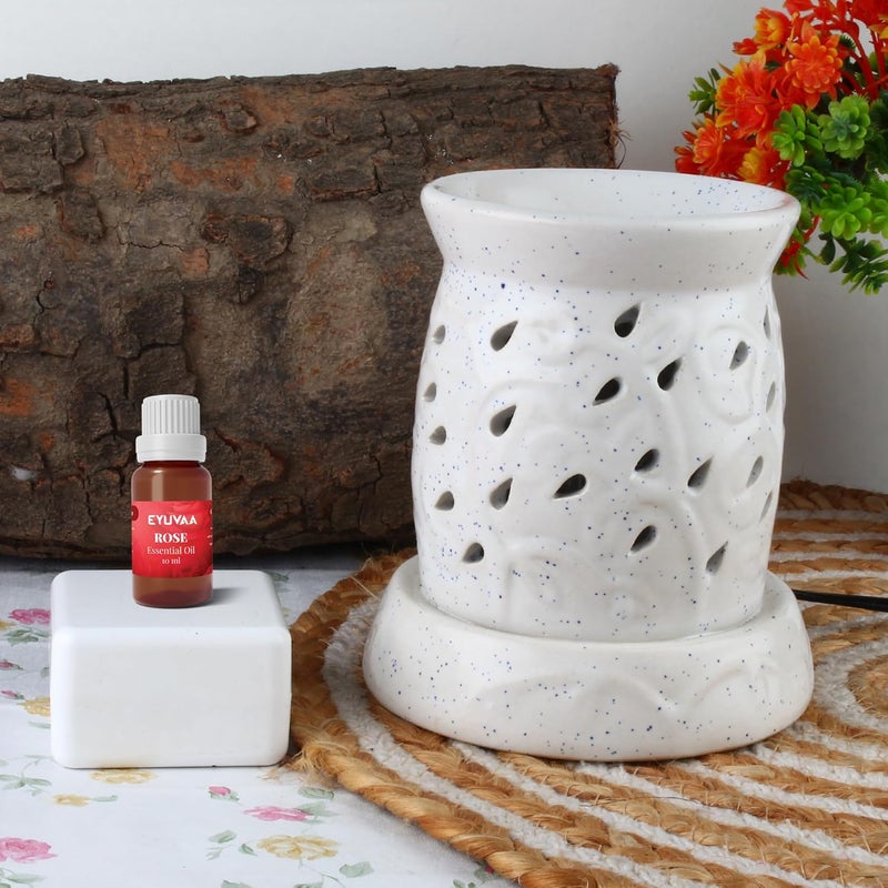 DECOVAA DECOVAA Emboss Patten Ceramic Electric DiffuserAromatherapy DiffuserOil Burner Lamp Diffuser Fragrances Oil Burner for Home with 10 Ml Aroma Oil Rose Fragrance White  - Image 1