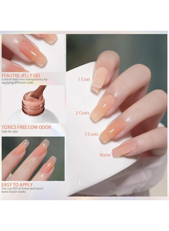 Artdone Sheer Gel Nail Polish Set - 6 Colors Translucent Pink Nude Brown UV Jelly Polish for All Seasons - Neutral Soak off LED Lamp Manicure Kit for Nail Art - Image 1