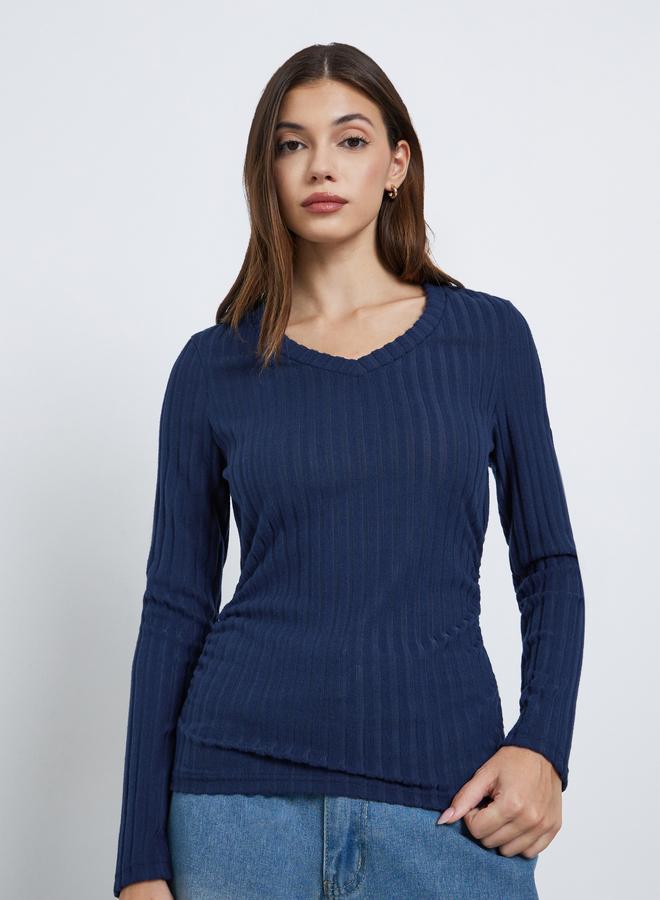 Styli Navy Blue Ribbed Knit Top - Image 3
