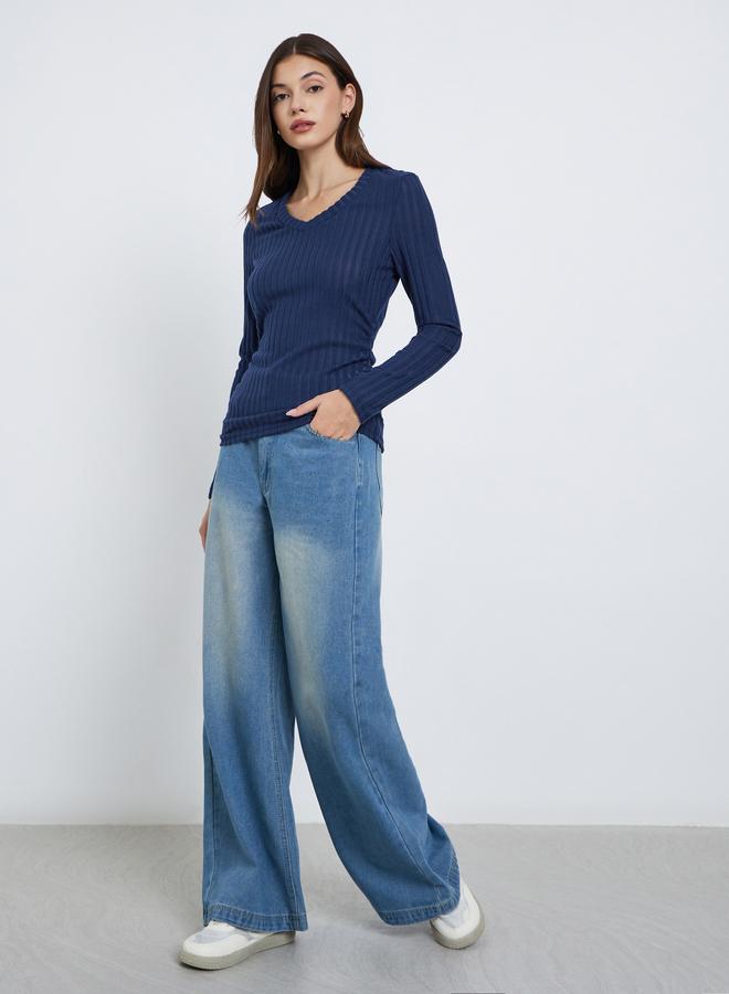 Styli Navy Blue Ribbed Knit Top - Image 2