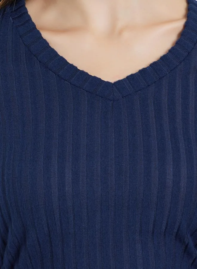 Styli Styli Navy Blue Ribbed Knit Top