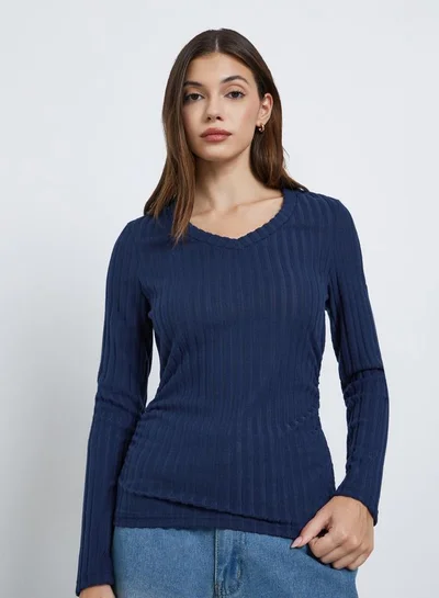 Styli Styli Navy Blue Ribbed Knit Top
