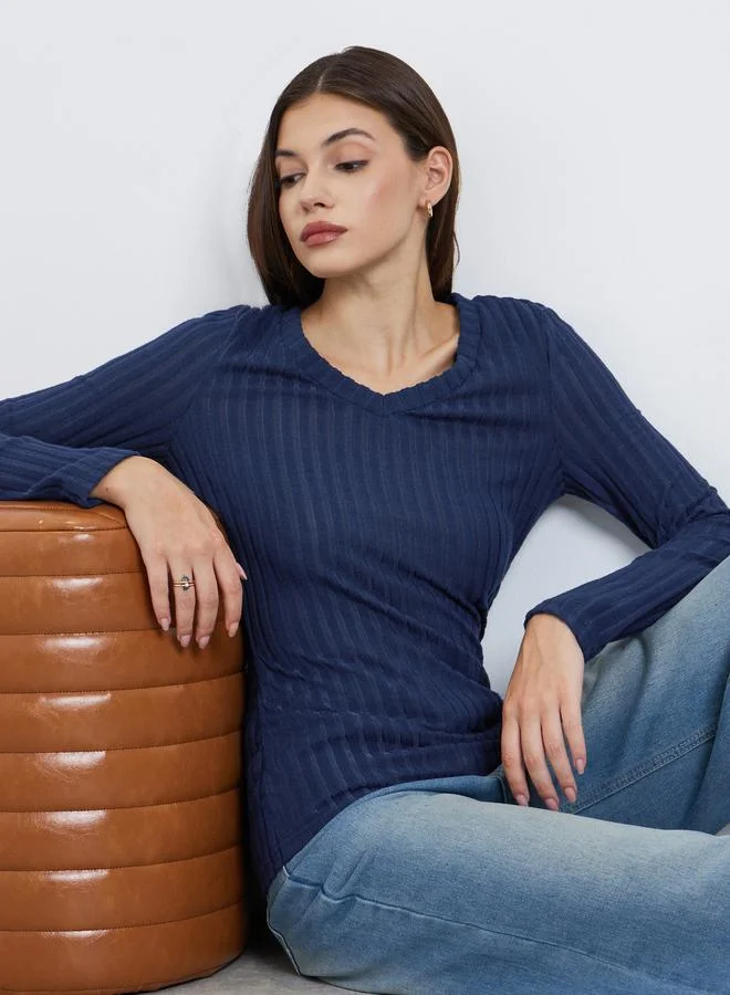 Styli Styli Navy Blue Ribbed Knit Top