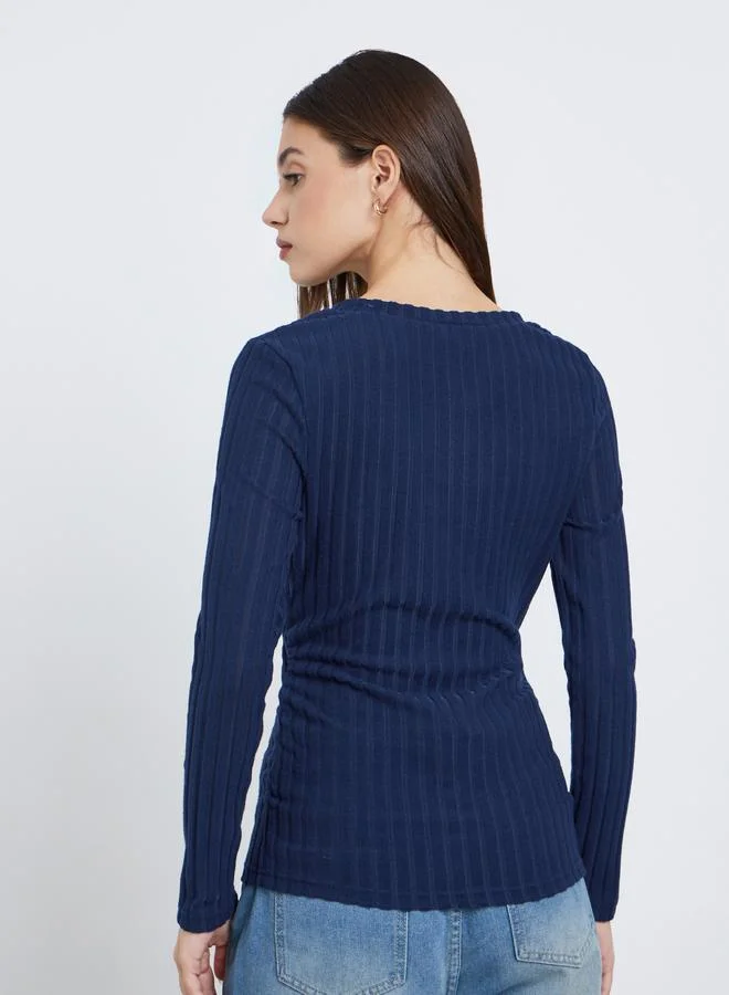 Styli Styli Navy Blue Ribbed Knit Top
