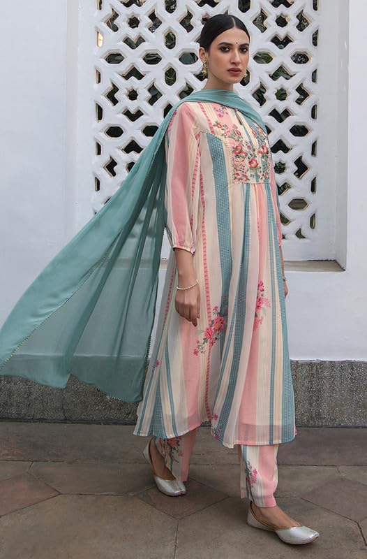 Janasya Women's Cream Georgette Floral Embroidered A-Line Kurta Set(JAA24ST00037-XS) - Image 2