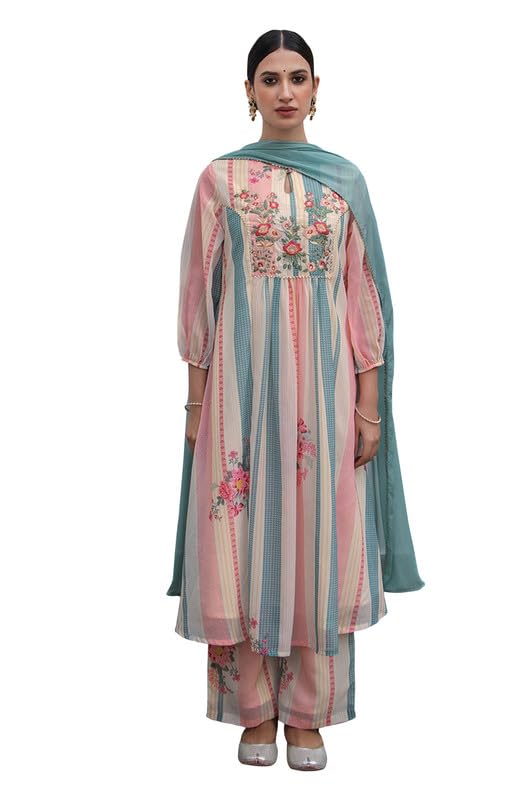 Janasya Women's Cream Georgette Floral Embroidered A-Line Kurta Set(JAA24ST00037-XS) - Image 1