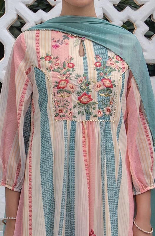 Janasya Women's Cream Georgette Floral Embroidered A-Line Kurta Set(JAA24ST00037-XS) - Image 5