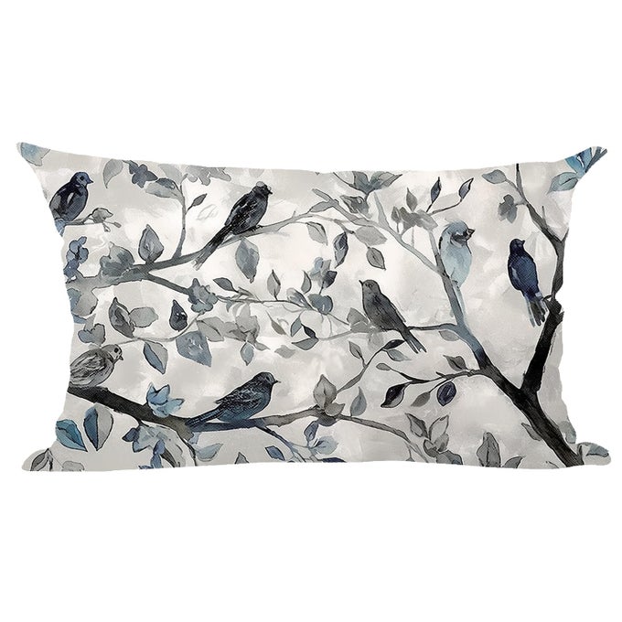 INK PAINTING WATERCOLOR BLUE GREY LOVELY BIRDS TREE LEAVES DECORATIVE LUMBAR THROW PILLOW COVER CASE HOME LIVING ROOM BED SOFA CAR COTTON LINEN RECTANGULAR 12 X 20 INCHES
