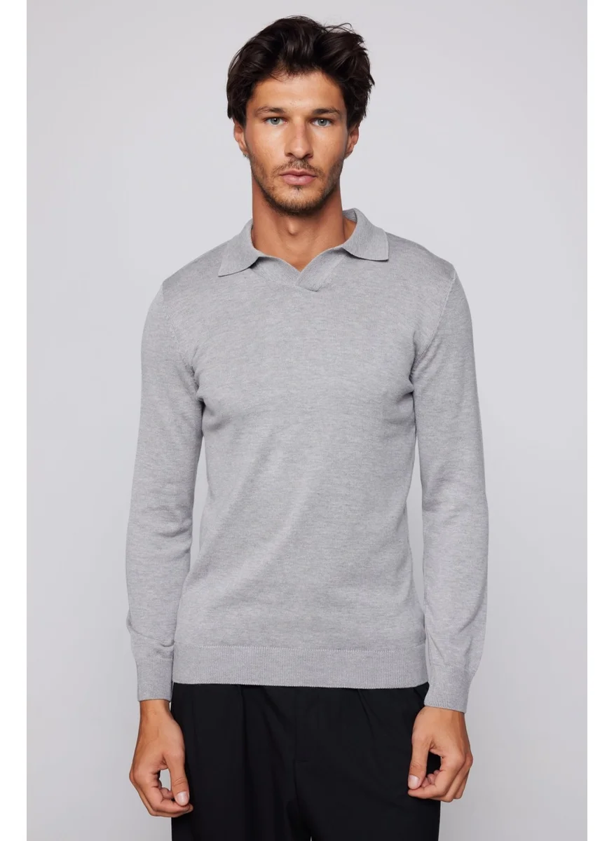 Tudors Slim Fit Narrow Cut Polo V-Neck Men's Gray Sweater