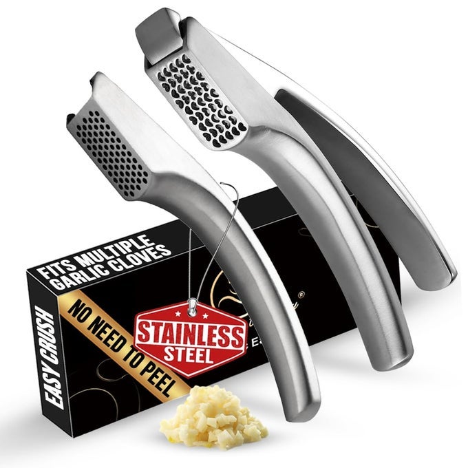 NO PEELING REQUIRED GARLIC PRESS STAINLESS STEEL WITH TWO DETACHABLE HANDLES FOR COARSEFINE MINCINGPREMIUM GARLIC MINCER TOOL EASY TO CLEAN DISHWASHER SAFE GARLIC CRUSHER WITH LIFETIME REPLACEMENT