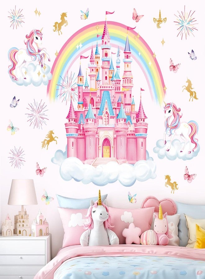 decalmile Rainbow Castle Wall Decals Unicorn Rainbow Butterfly Clouds Wall Stickers Girls Bedroom Baby Nursery Daycare Wall Decor - Image 2