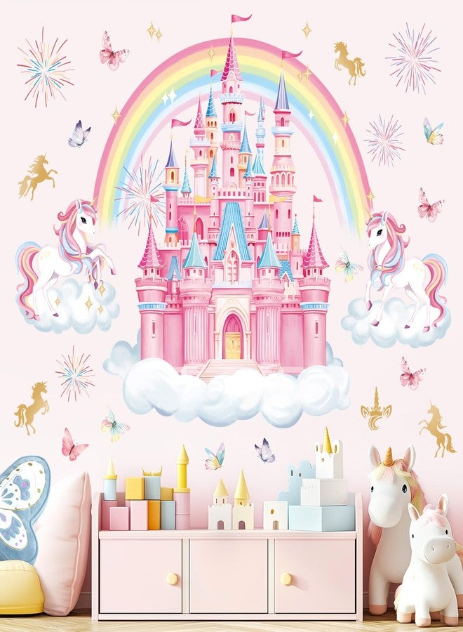 decalmile Rainbow Castle Wall Decals Unicorn Rainbow Butterfly Clouds Wall Stickers Girls Bedroom Baby Nursery Daycare Wall Decor - Image 1