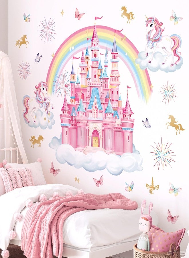 decalmile Rainbow Castle Wall Decals Unicorn Rainbow Butterfly Clouds Wall Stickers Girls Bedroom Baby Nursery Daycare Wall Decor - Image 3