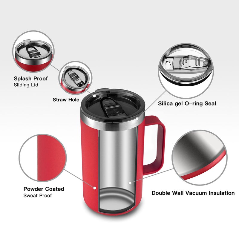 KXIAOCHEN 20oz Insulated Coffee Mug with Lid, Stainless Steel Coffee Cup, Double Wall Vacuum Coffee Tumbler with Handle, Premium Thermal Travel Coffee Mug (Red) - Image 5