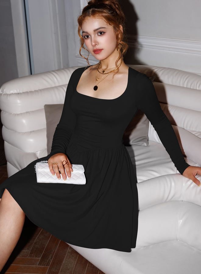 YMDUCH Women's Casual Long Sleeve Square Neck Back Belt A Line Ruffle Hem Mini Dress with Pockets, Black, S - Image 5
