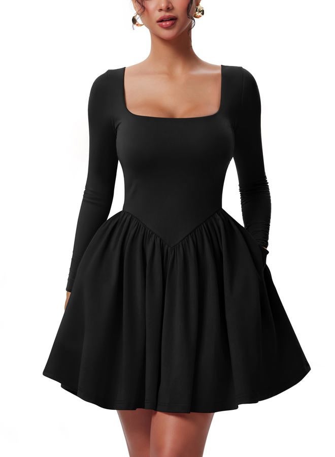 YMDUCH Women's Casual Long Sleeve Square Neck Back Belt A Line Ruffle Hem Mini Dress with Pockets, Black, S - Image 1