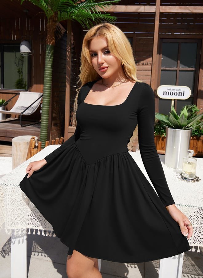 YMDUCH Women's Casual Long Sleeve Square Neck Back Belt A Line Ruffle Hem Mini Dress with Pockets, Black, S - Image 4