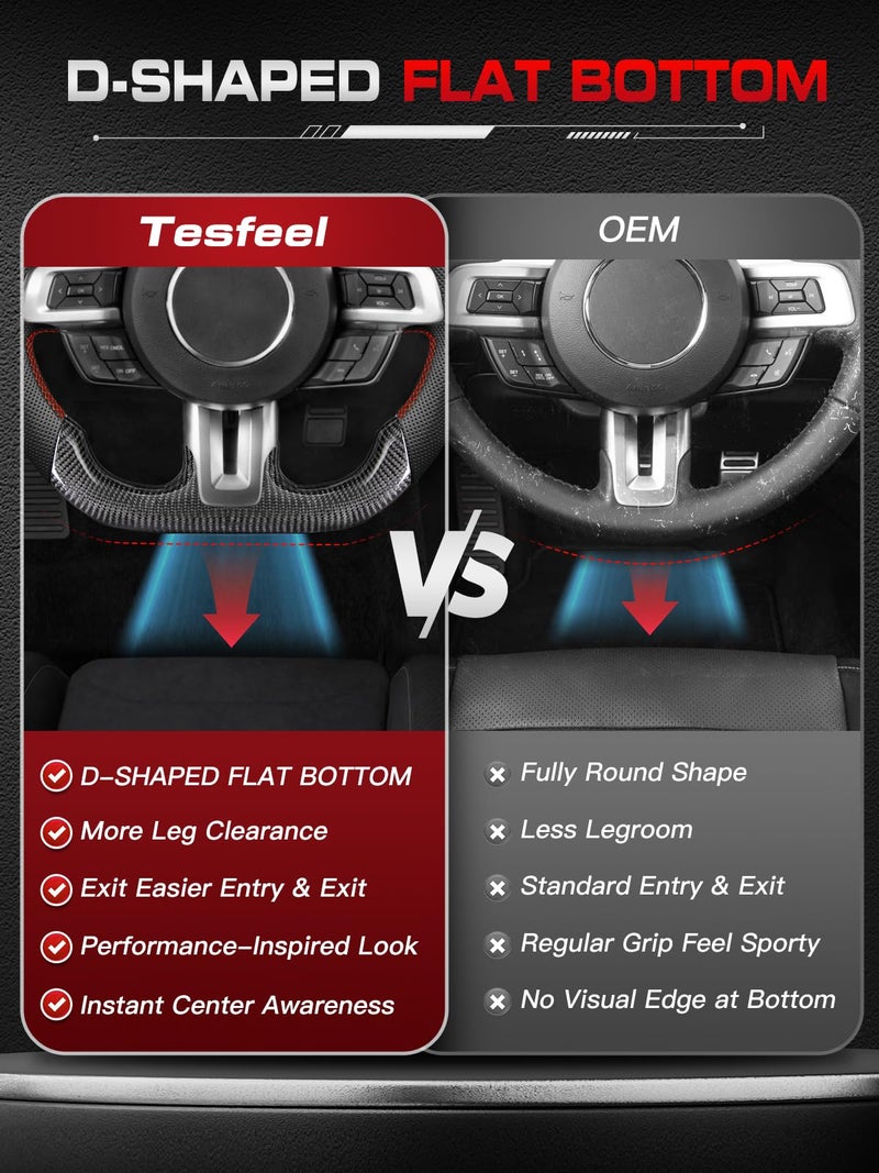 TESFEEL Real Carbon Fiber Steering Wheel for Mustang 2015-2017 Nappa Perforated Leather with Hand Stitching D-shaped Steering Wheel for Mustang EcoBoost/GT/V6 for Shelby GT350/GT350R - Image 4