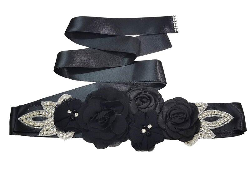 Lauthen.S Sash Belt with Flowers Pearls Rhinestone for Wedding Bride/Baby Shower Dress (One Size, Black) - Image 1