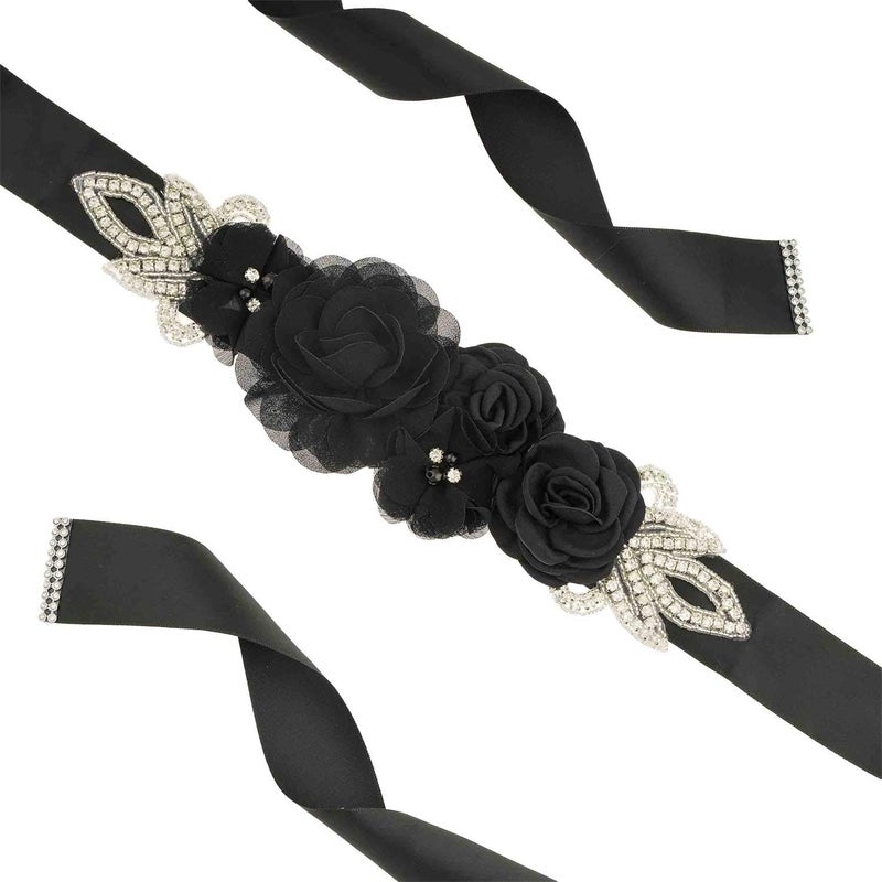 Lauthen.S Sash Belt with Flowers Pearls Rhinestone for Wedding Bride/Baby Shower Dress (One Size, Black) - Image 2