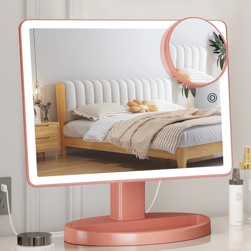 Funtouch Large Lighted Vanity Makeup Mirror, 14.56 in x 8.97 in, 88 LED, 360 Rotation Touch Screen, 10X Magnification Tabletop Cosmetic Make Up Mirror, Rose Gold - Image 1