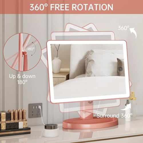 Funtouch Large Lighted Vanity Makeup Mirror, 14.56 in x 8.97 in, 88 LED, 360 Rotation Touch Screen, 10X Magnification Tabletop Cosmetic Make Up Mirror, Rose Gold - Image 5