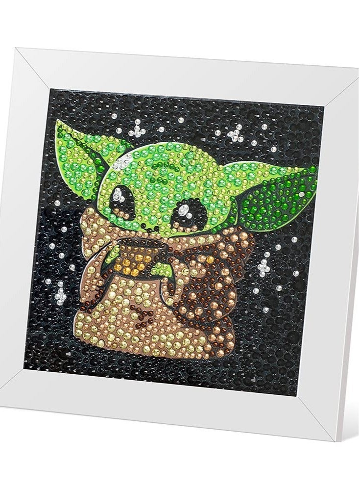 SYOSI 5D Diamond Painting Kit for Kids with Wooden Frame Easy Small Anime Diamond Painting Full Drill Diamond Art Gem Painting for Beginners 7X7 inch (Baby Yoda) - Image 1