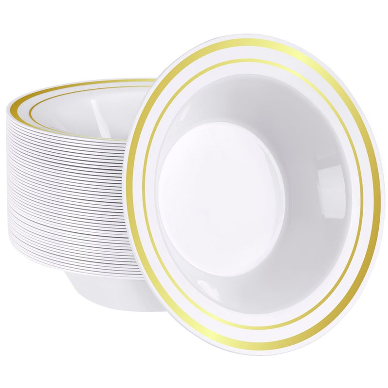 SETUP 12 oz  50 Piece Dessert Soup Bowls with Gold Rim Plastic Bowls Disposable  Premium HeavyDuty Disposable Soup Bowls for Party Wedding and All Occasions