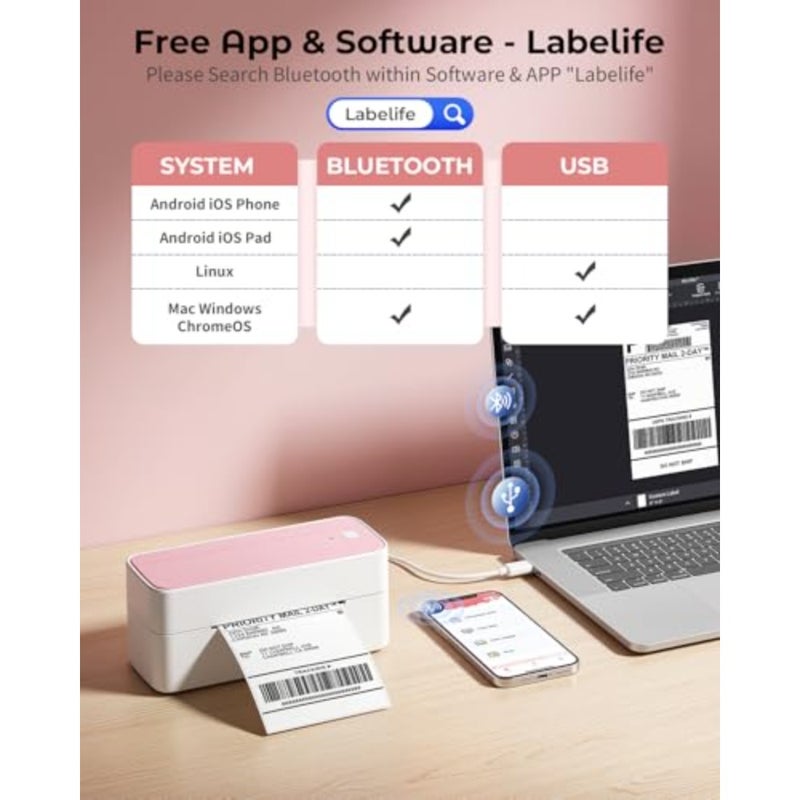 Wireless Bluetooth Thermal Label Printer for Small Business Shipping Packages, Compatible with iPhone, Android, Amazon, Shopify, UPS, USPS White, 10 cm × 15 cm, Model 241BT - Image 2
