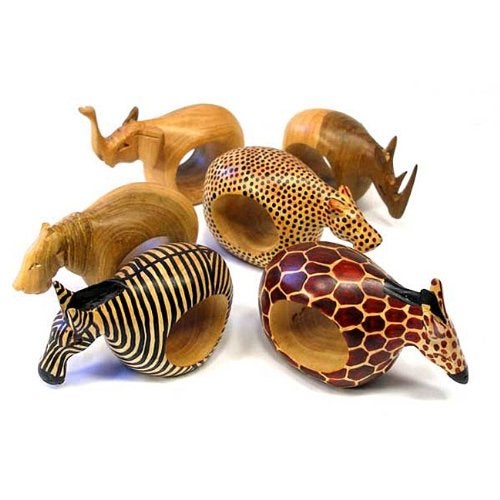 Global Crafts Mahogany Wood Animal Napkin Rings - Set of Six - Image 1