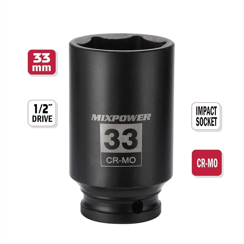 MIXPOWER 1/2" Drive Deep Impact Socket, CR-MO, 33 mm, METRIC, 6 Point, Axle Nut Impact Grade Socket for Easy Removal - Image 2