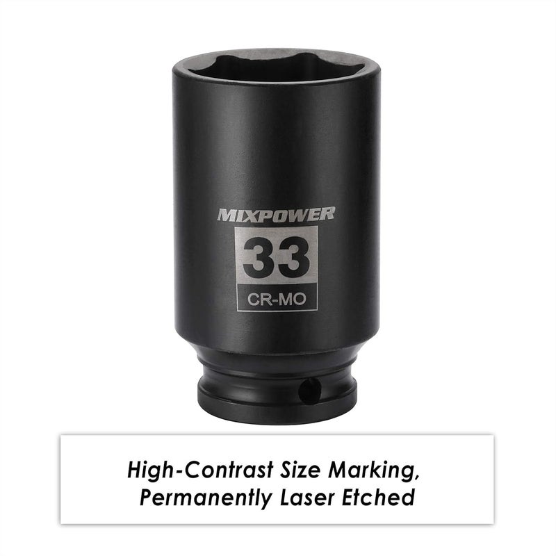 MIXPOWER 1/2" Drive Deep Impact Socket, CR-MO, 33 mm, METRIC, 6 Point, Axle Nut Impact Grade Socket for Easy Removal - Image 5