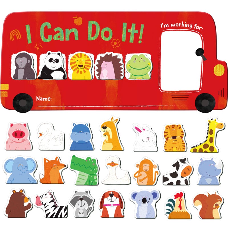 SpriteGru I CAN DO IT Token BoardMagnetic Reward Chart with 26 Animal Magnets Red Bus Reward Chart for Kids Incentive Positive Chart for Good Behavior and Responsibility Great for Toddlers Kids Students - Image 2