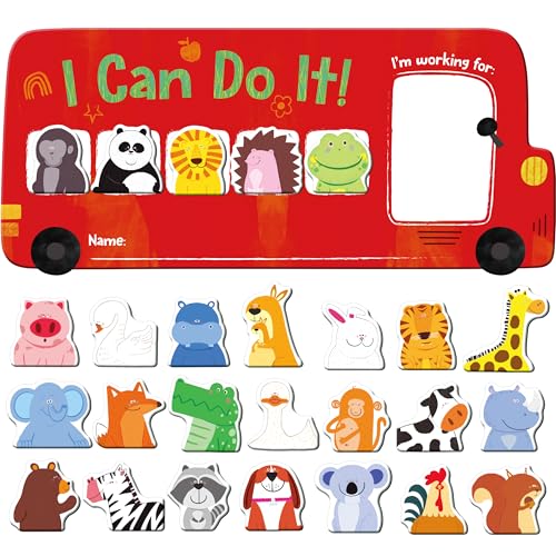 SpriteGru I CAN DO IT Token BoardMagnetic Reward Chart with 26 Animal Magnets Red Bus Reward Chart for Kids Incentive Positive Chart for Good Behavior and Responsibility Great for Toddlers Kids Students - Image 1