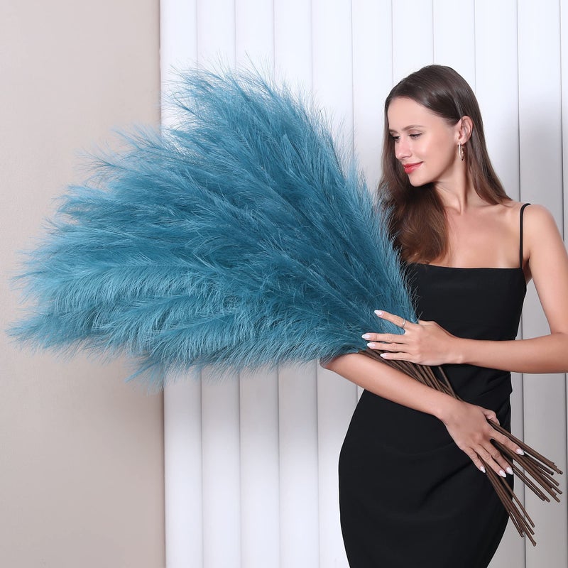 8 Pcs 45 inch Tall Faux Pampas Grass Decor Large Artificial Blue Pompous Grass Bulk Long Fake Pompas for Floor Vase Filler Wedding Baby Shower Home and Boho Decor Blue