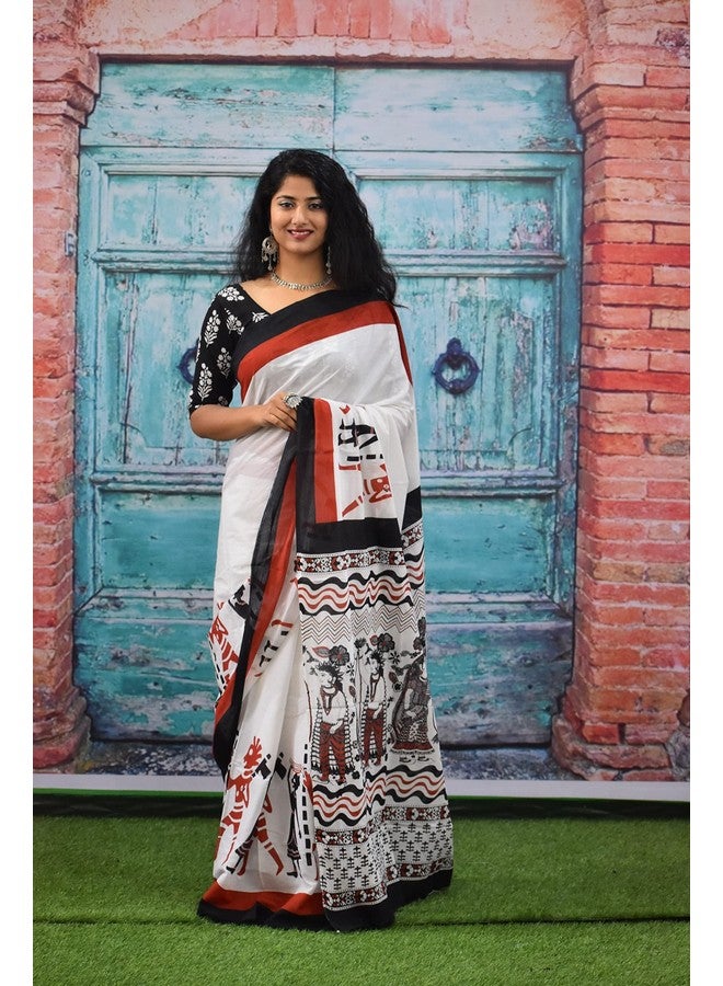 Kiaaron Women's Ikat Hand Block Print Jaipuri Cotton Mulmul Saree with Blouse Piece - Maroon_413 - Image 2