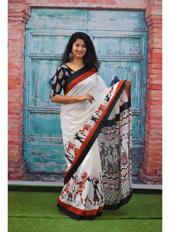 Kiaaron Women's Ikat Hand Block Print Jaipuri Cotton Mulmul Saree with Blouse Piece - Maroon_413 - Image 4