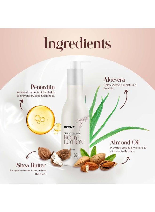أوزون لوشن ترطيب عميق للجسم للرجال والنساء | مثالي لجميع أنواع البشرة | زبدة الشيا مع الألوفيرا وزيت اللوز والبنتافيتين | لمسة نهائية غير لزجة | 190 مل (عبوة من 1) - Image 2