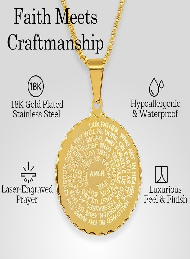 Steeltime 18K Gold Plated Stainless Steel Lords Prayer Round Pendant Necklace, 24" Chain, Gold Plated, No Gemstone - Image 2