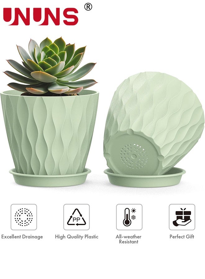 UNUNS 6 عبوات من أصيص الزهور البلاستيكية، 4 بوصة من أواني النباتات مع فتحات تصريف وصواني للنباتات الداخلية، أصيص زراعة خارجي، أواني حديقة زخرفية بلاستيكية، أخضر - Image 3