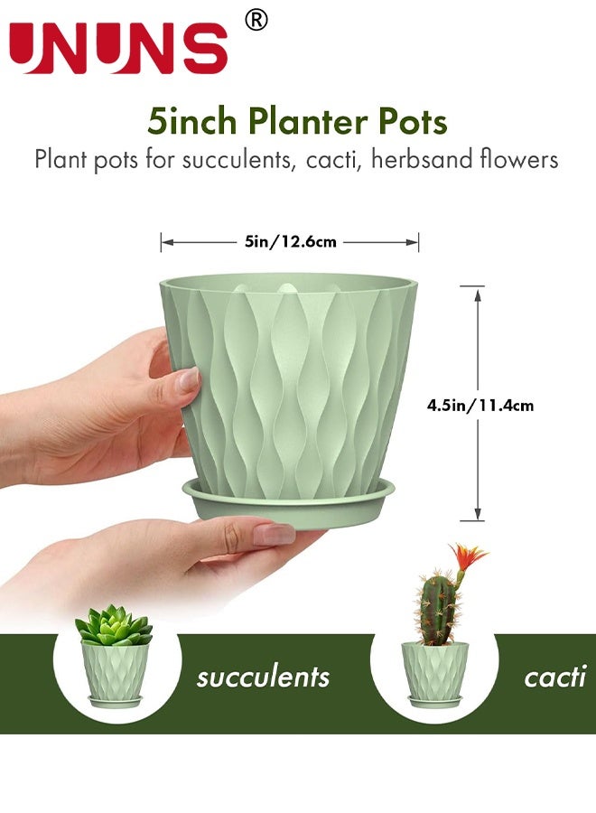 UNUNS 6 عبوات من أصيص الزهور البلاستيكية، 4 بوصة من أواني النباتات مع فتحات تصريف وصواني للنباتات الداخلية، أصيص زراعة خارجي، أواني حديقة زخرفية بلاستيكية، أخضر - Image 4