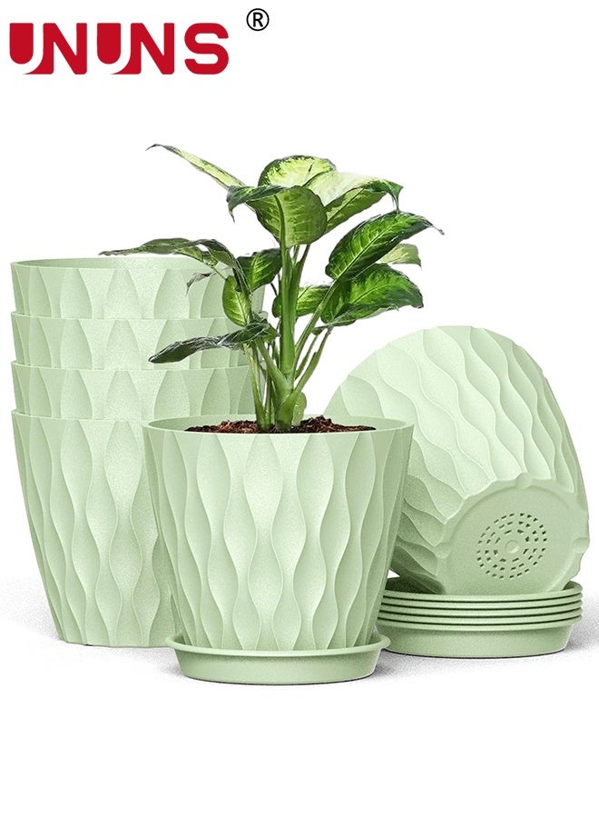UNUNS 6 عبوات من أصيص الزهور البلاستيكية، 4 بوصة من أواني النباتات مع فتحات تصريف وصواني للنباتات الداخلية، أصيص زراعة خارجي، أواني حديقة زخرفية بلاستيكية، أخضر - Image 1