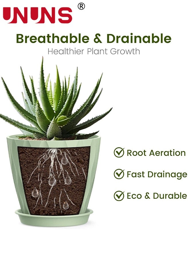 UNUNS 6 عبوات من أصيص الزهور البلاستيكية، 4 بوصة من أواني النباتات مع فتحات تصريف وصواني للنباتات الداخلية، أصيص زراعة خارجي، أواني حديقة زخرفية بلاستيكية، أخضر - Image 2