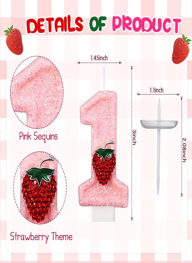 Conelist Strawberry 1 Candle for First Birthday Pink Number 1 Candle Berry One Glitter Cake Topper for Strawberry 1st Birthday Party Supplies Anniversary Decorations - Image 2