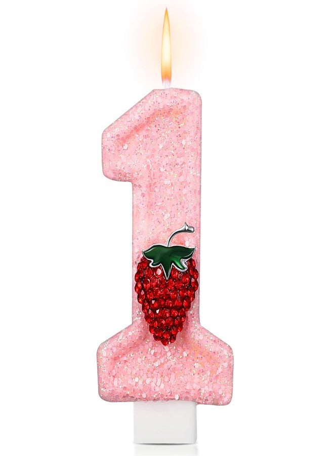 Conelist Strawberry 1 Candle for First Birthday Pink Number 1 Candle Berry One Glitter Cake Topper for Strawberry 1st Birthday Party Supplies Anniversary Decorations - Image 1