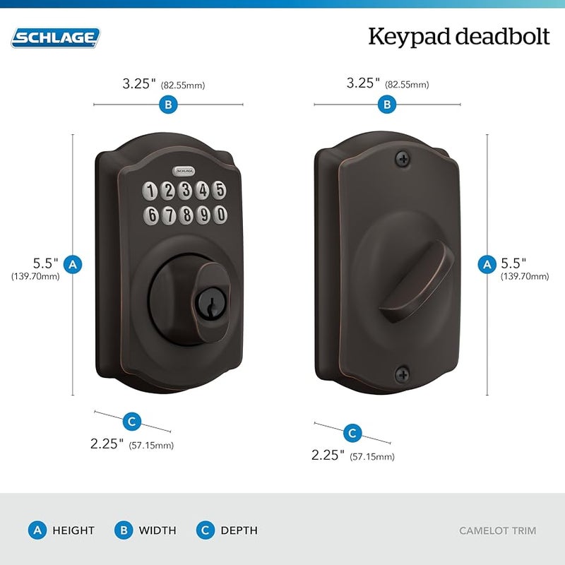 Schlage BE365 V CAM 716 Camelot Keypad Deadbolt, Electronic Keyless Entry Lock, Aged Bronze - Image 3