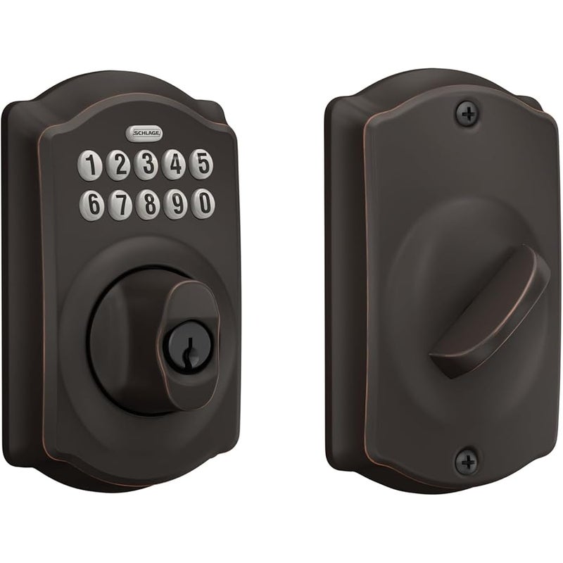 Schlage BE365 V CAM 716 Camelot Keypad Deadbolt, Electronic Keyless Entry Lock, Aged Bronze - Image 1